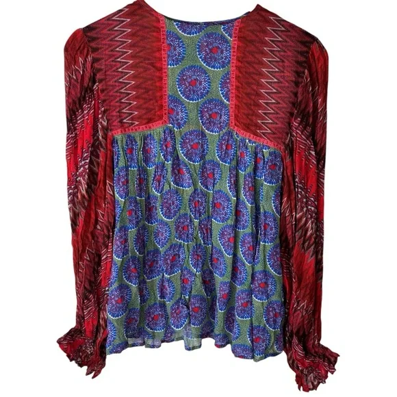 Bl-nk London Miranda Peasant Blouse Red & Green Medallion Anthropologie Size XS - Picture 2 of 7